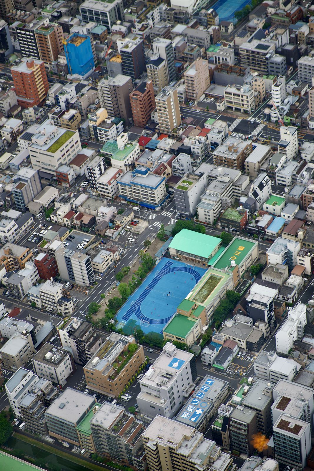 Running track among rooftops, seen from Tokyo Skytree