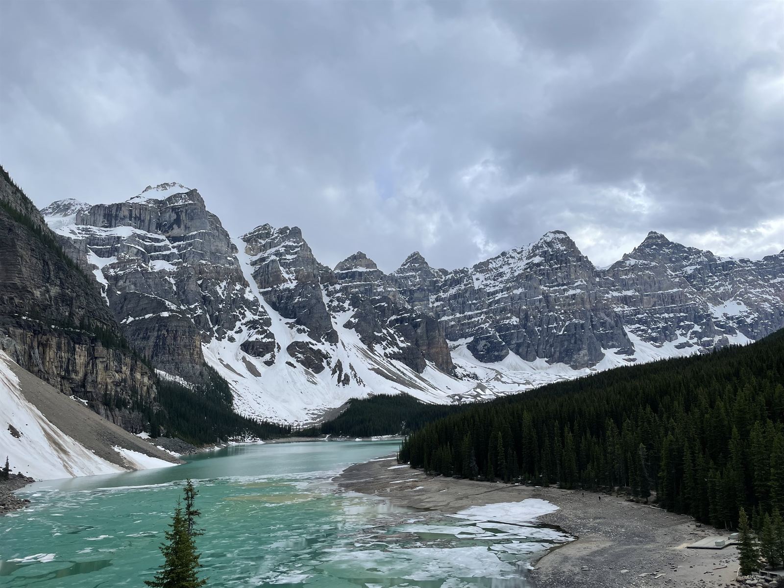 Moraine Lake still thawing in early summer, Banff